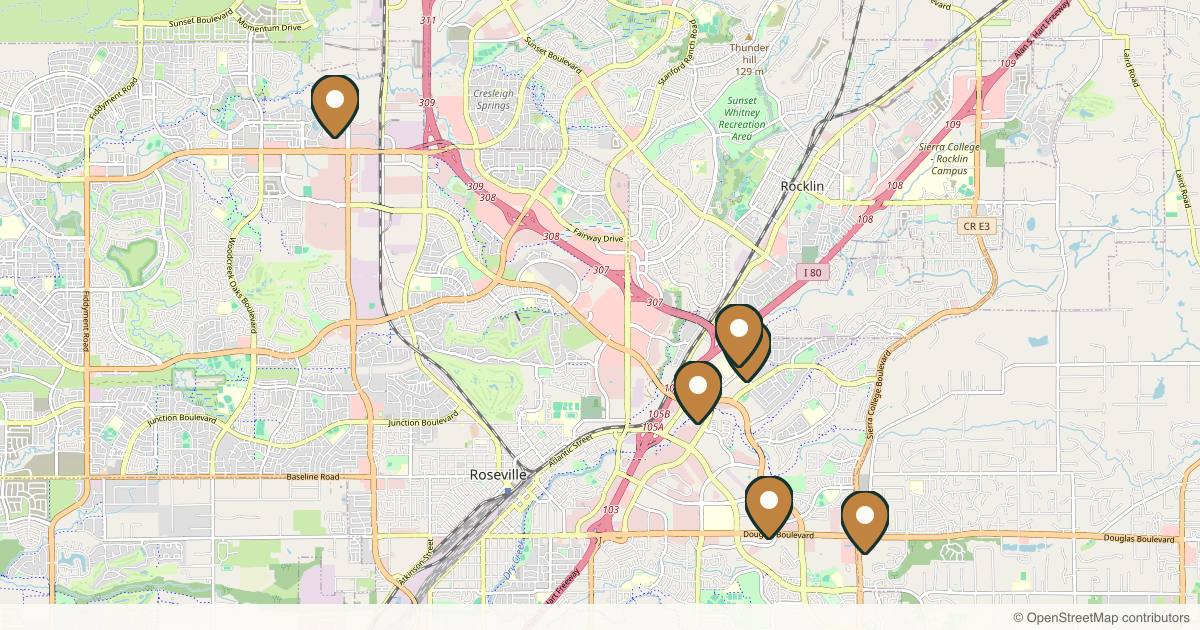 Map of 6 plastic surgery practices in Roseville, California