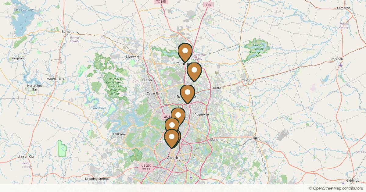 Map of 8 plastic surgery practices in Round Rock, Texas