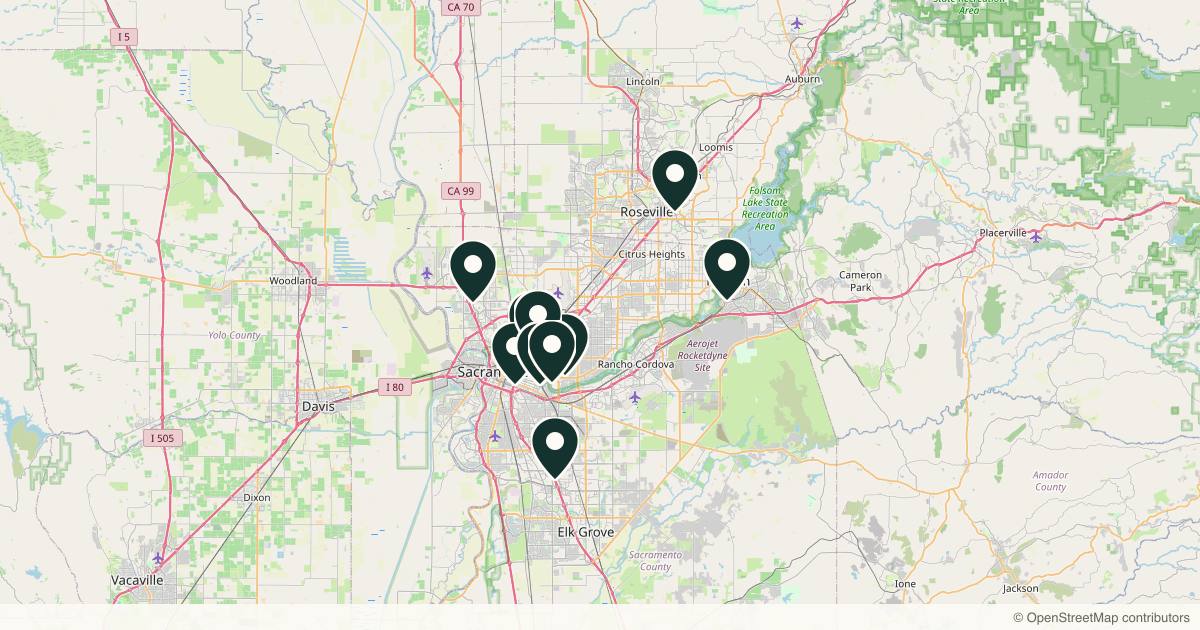 Map of 12 dermatology practices in Sacramento, California