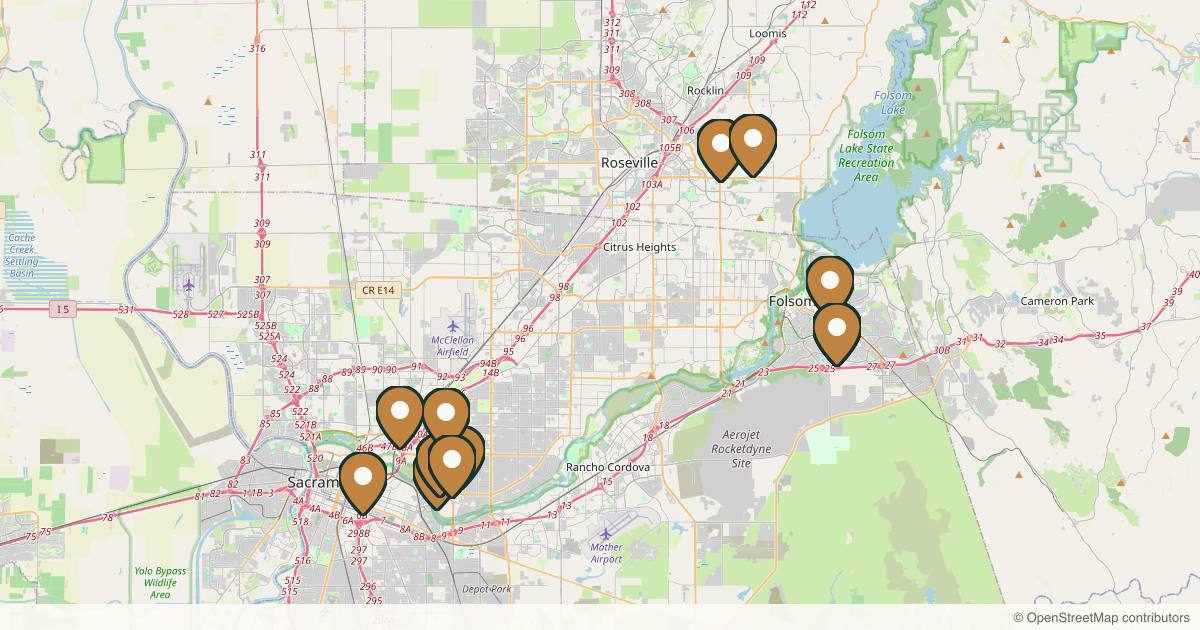 Map of 15 plastic surgery practices in Sacramento, California