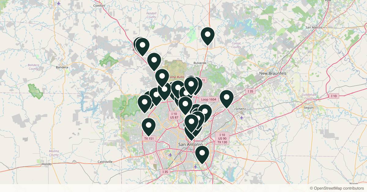 Map of 34 dermatology practices in San Antonio, Texas