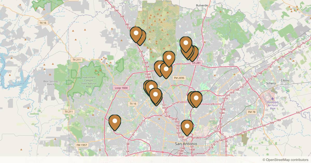 Map of 19 plastic surgery practices in San Antonio, Texas