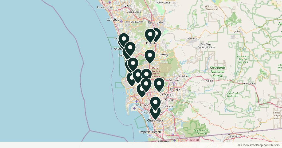 Map of 23 dermatology practices in San Diego, California
