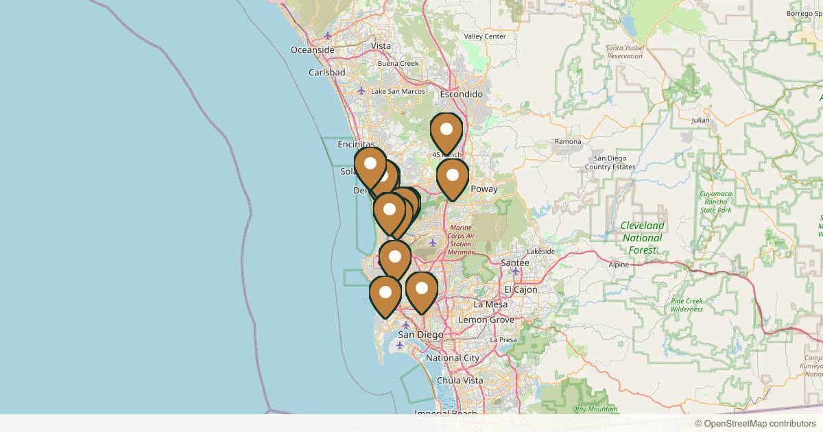 Map of 32 plastic surgery practices in San Diego, California
