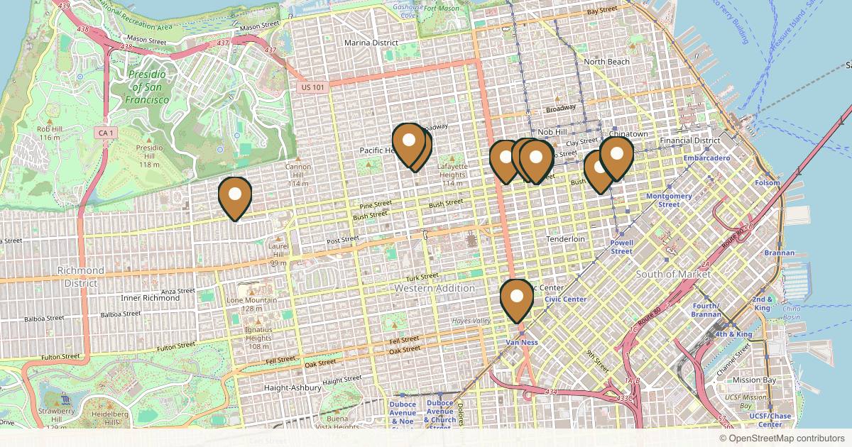 Map of 17 plastic surgery practices in San Francisco, California