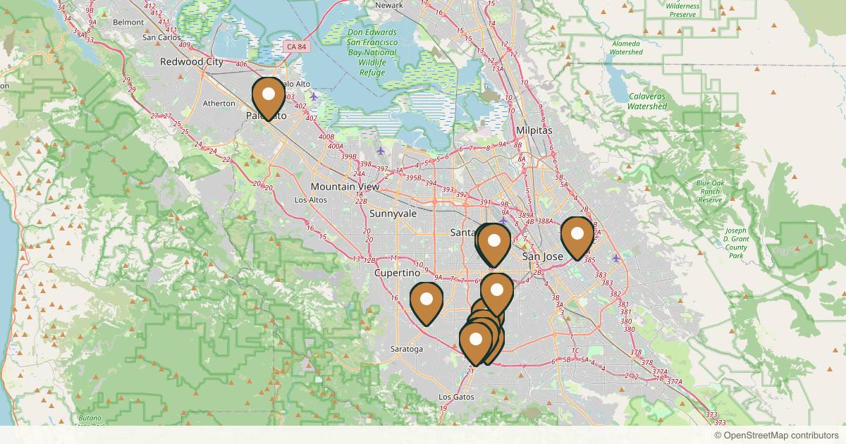 Map of 14 plastic surgery practices in San Jose, California