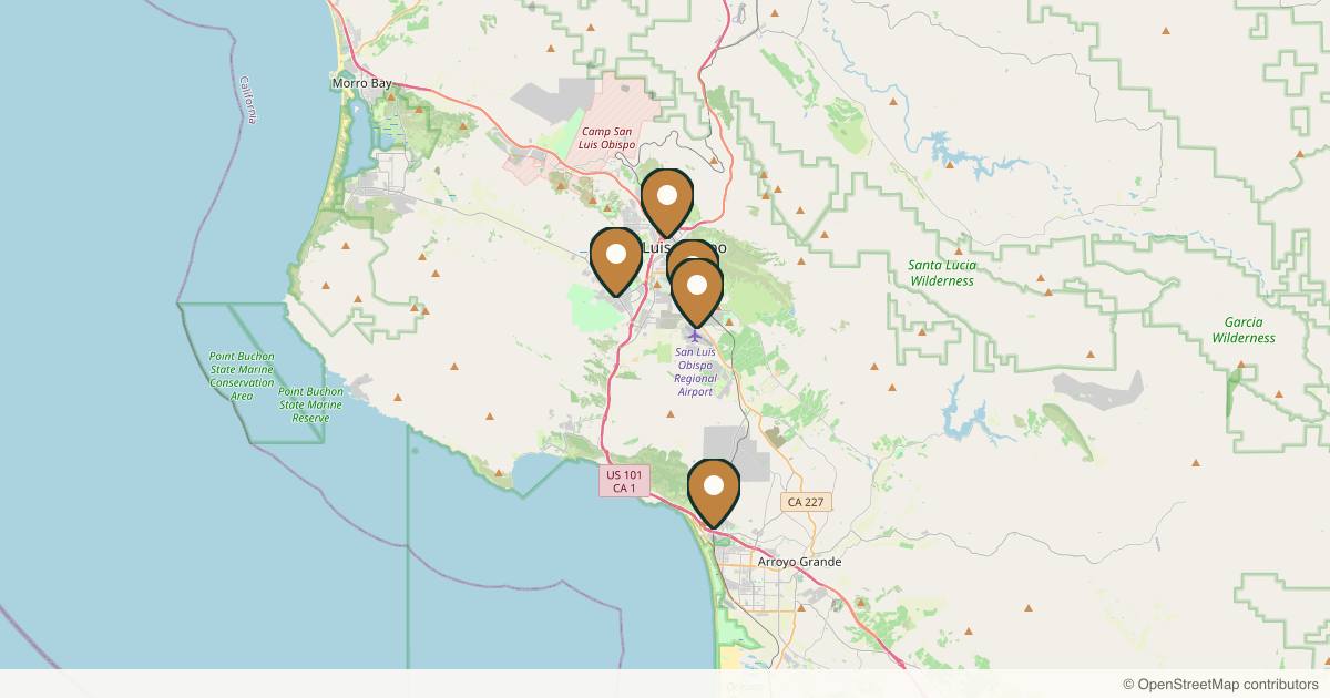 Map of 6 plastic surgery practices in San Luis Obispo, California