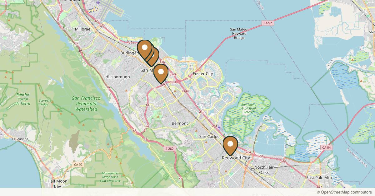 Map of 6 plastic surgery practices in San Mateo, California