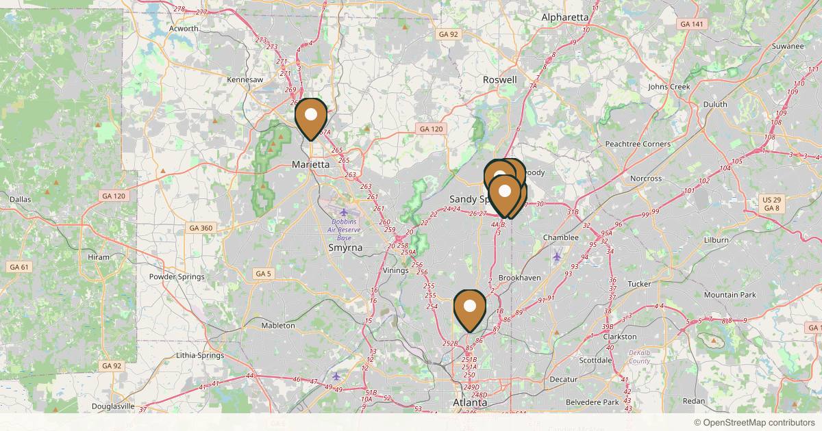 Map of 9 plastic surgery practices in Sandy Springs, Georgia