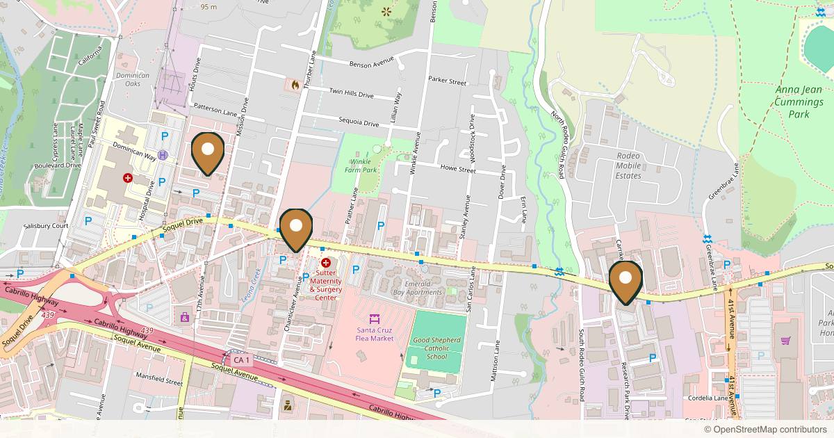 Map of 7 plastic surgery practices in Santa Cruz, California