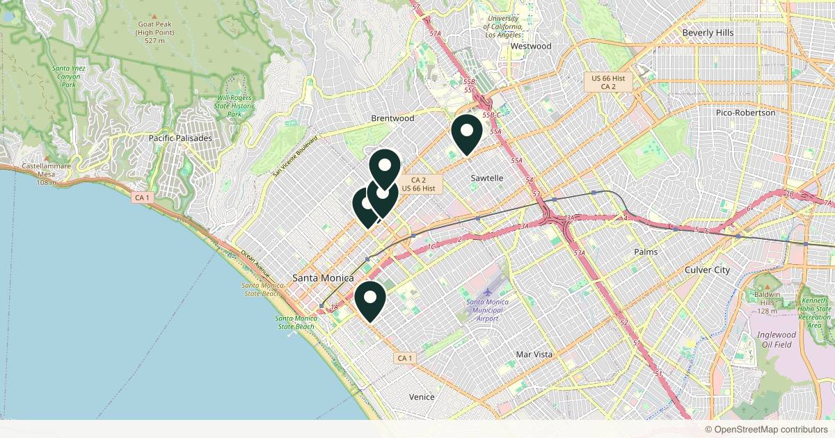 Map of 8 dermatology practices in Santa Monica, California