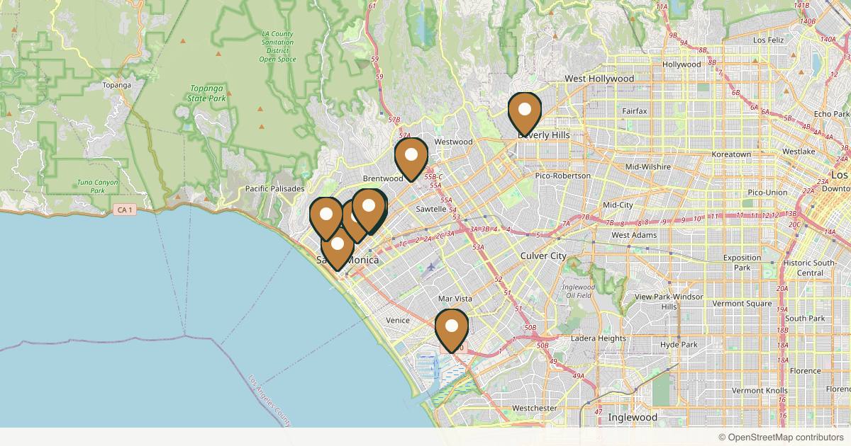 Map of 10 plastic surgery practices in Santa Monica, California