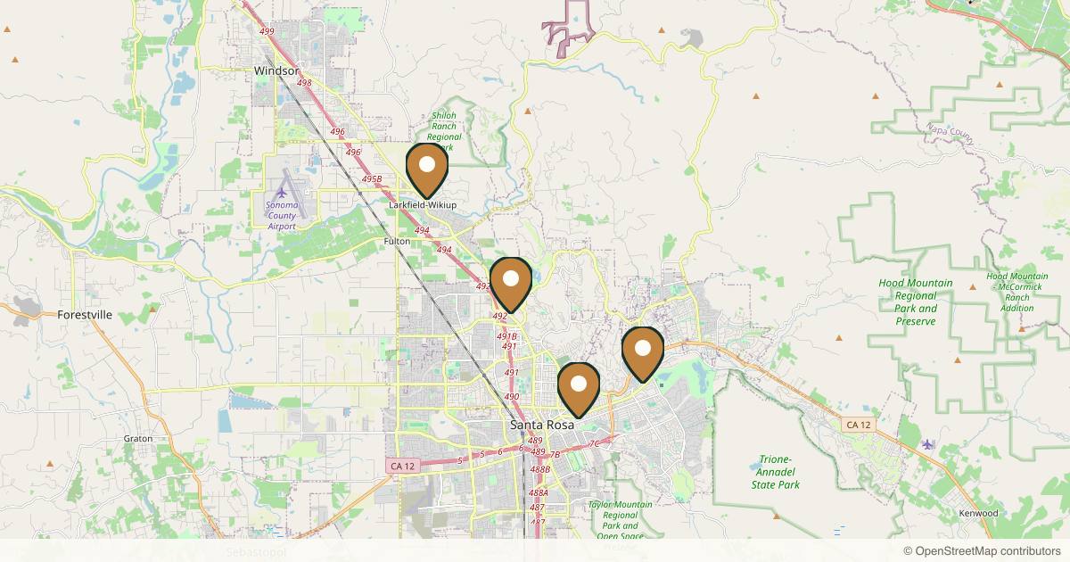 Map of 4 plastic surgery practices in Santa Rosa, California