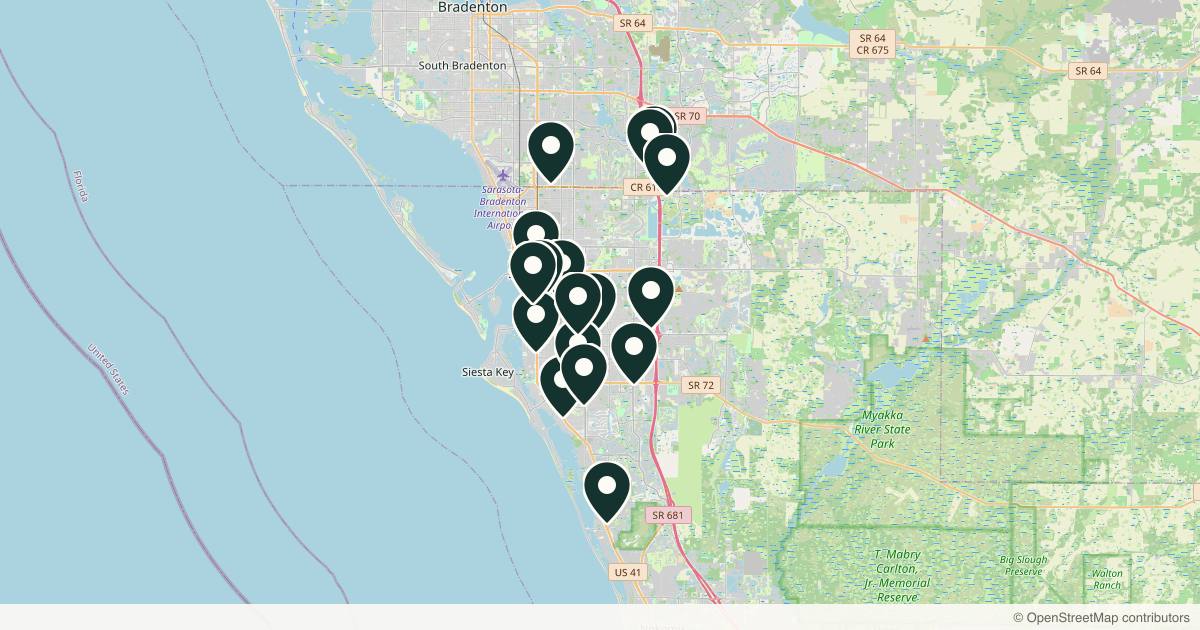 Map of 18 dermatology practices in Sarasota, Florida