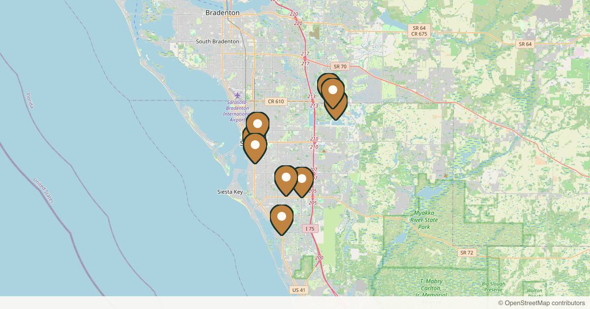 Map of 10 plastic surgery practices in Sarasota, Florida