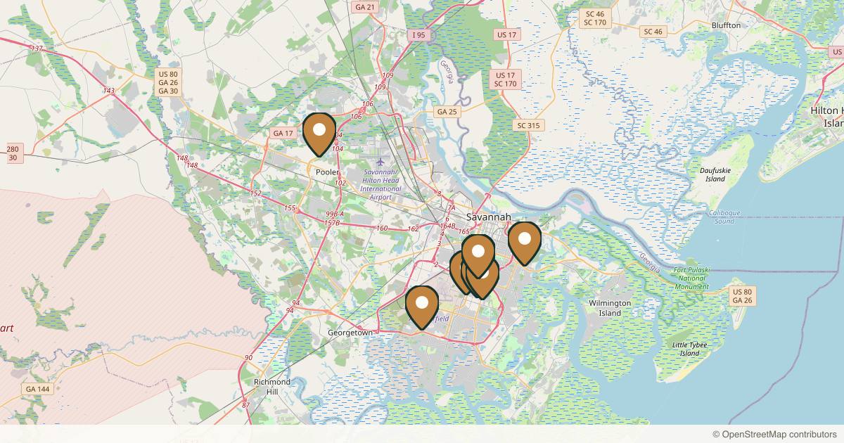 Map of 10 plastic surgery practices in Savannah, Georgia