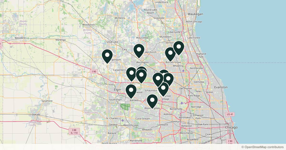 Map of 14 dermatology practices in Schaumburg, Illinois