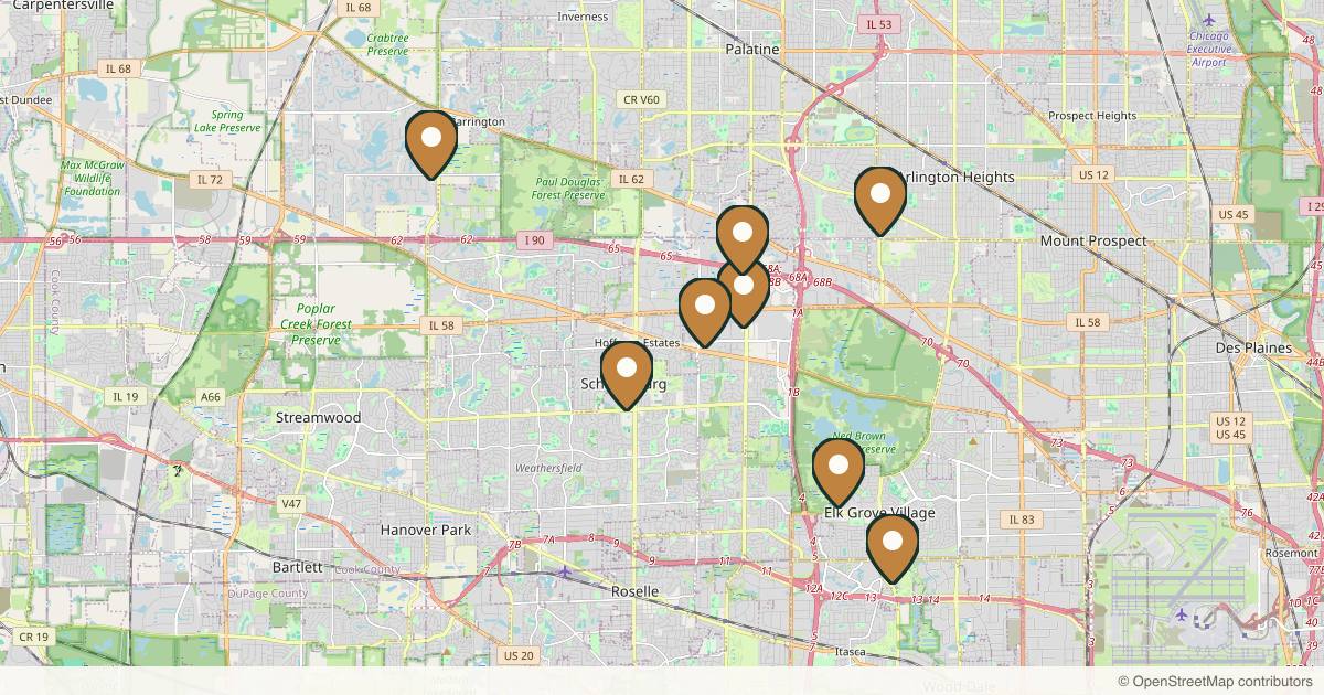 Map of 9 plastic surgery practices in Schaumburg, Illinois