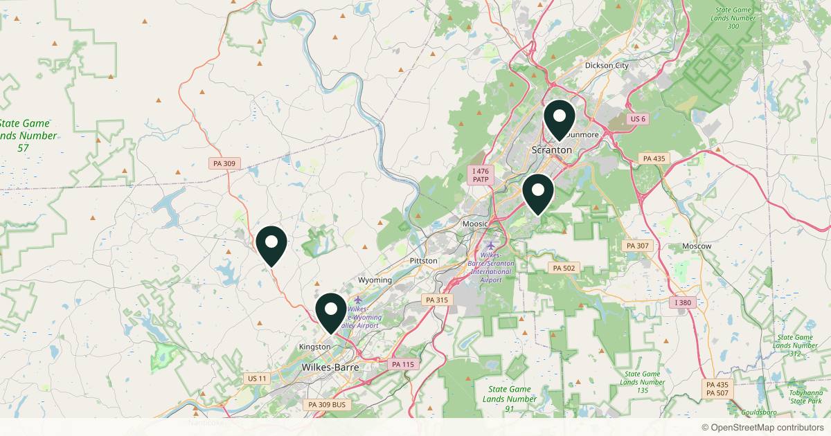 Map of 4 plastic surgery practices in Scranton, Pennsylvania
