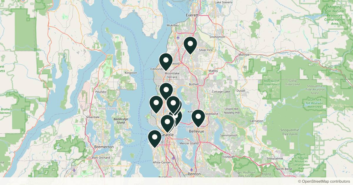 Map of 13 dermatology practices in Seattle, Washington