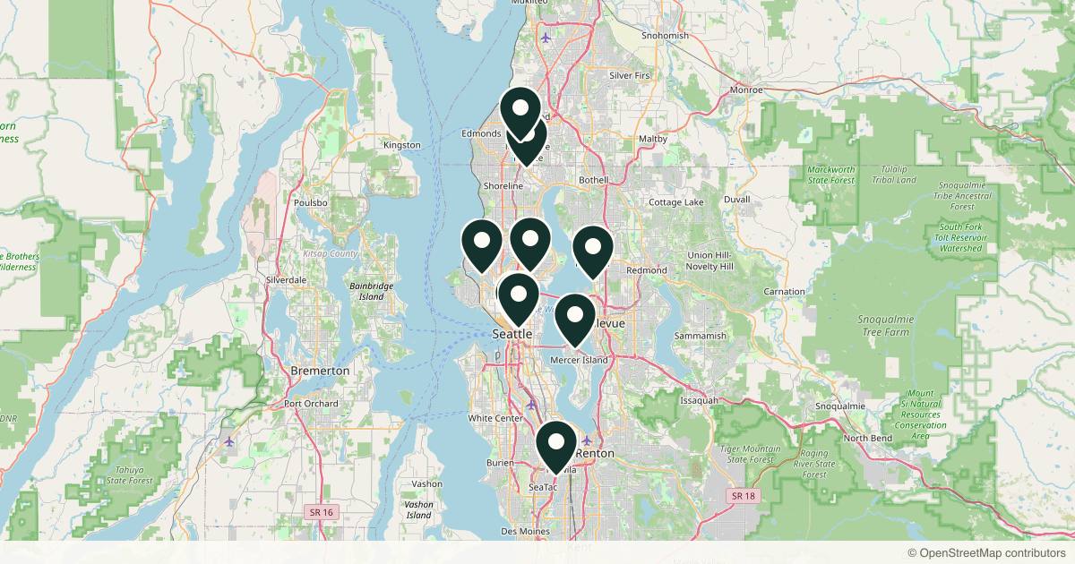 Map of 22 plastic surgery practices in Seattle, Washington