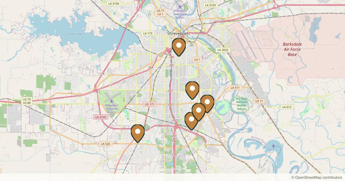 Map of 7 plastic surgery practices in Shreveport, Louisiana