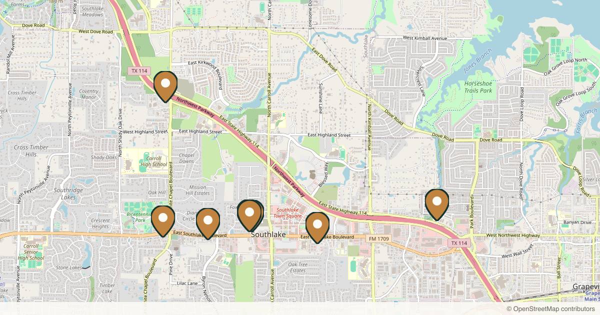 Map of 10 plastic surgery practices in Southlake, Texas