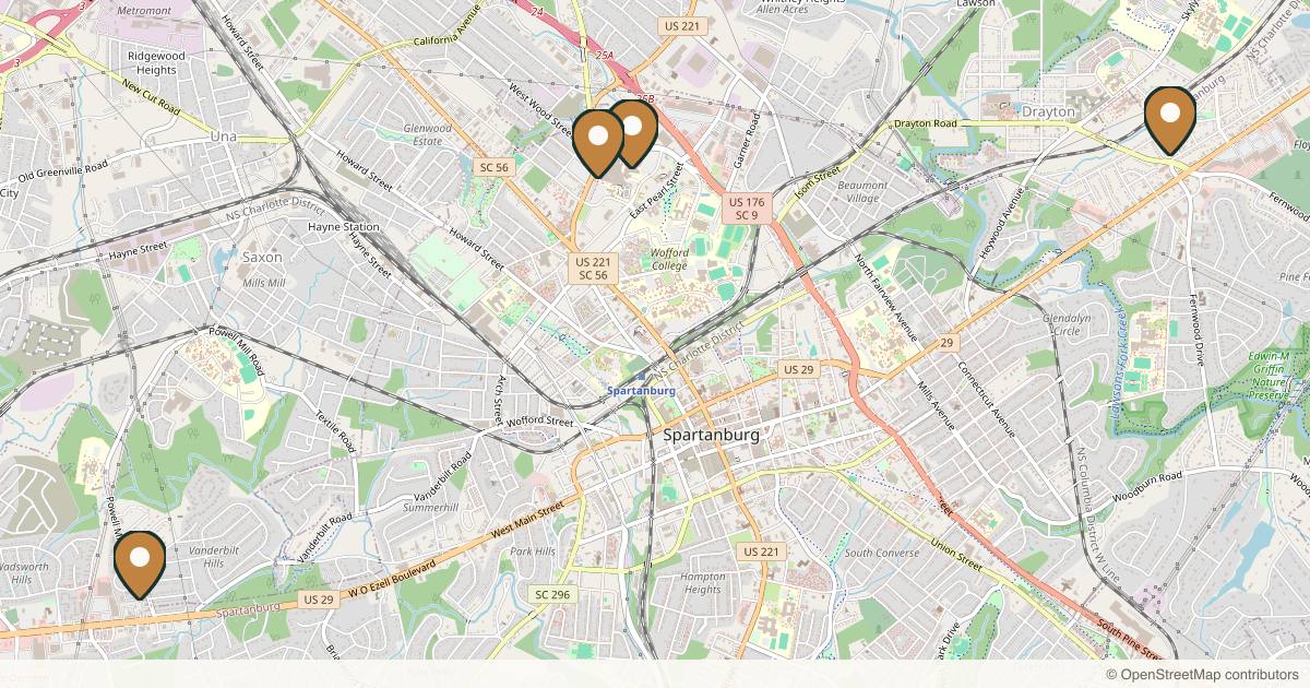 Map of 5 plastic surgery practices in Spartanburg, South Carolina