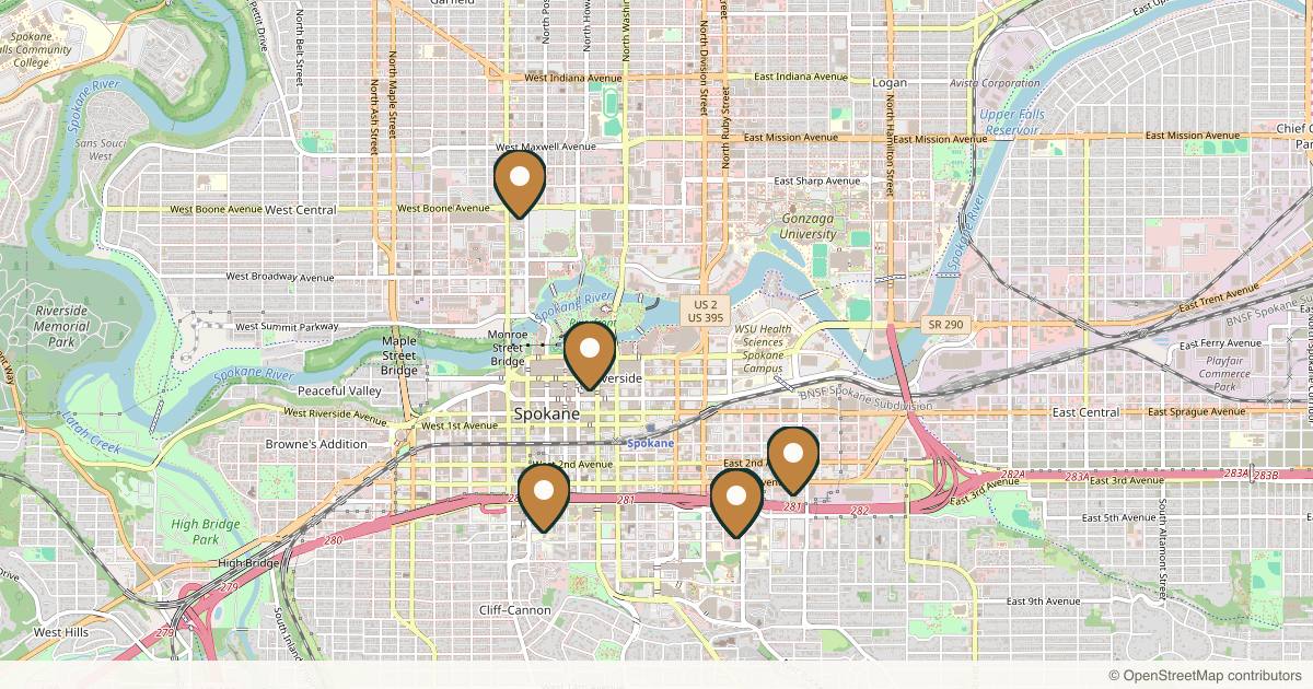 Map of 9 plastic surgery practices in Spokane, Washington