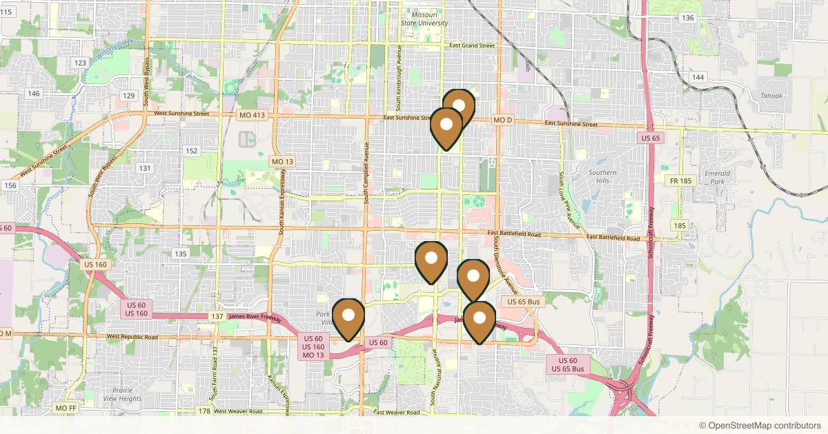 Map of 9 plastic surgery practices in Springfield, Missouri
