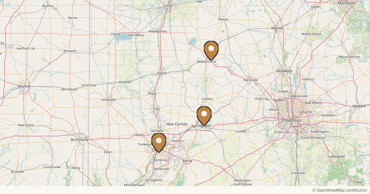 Map of 3 plastic surgery practices in Springfield, Ohio