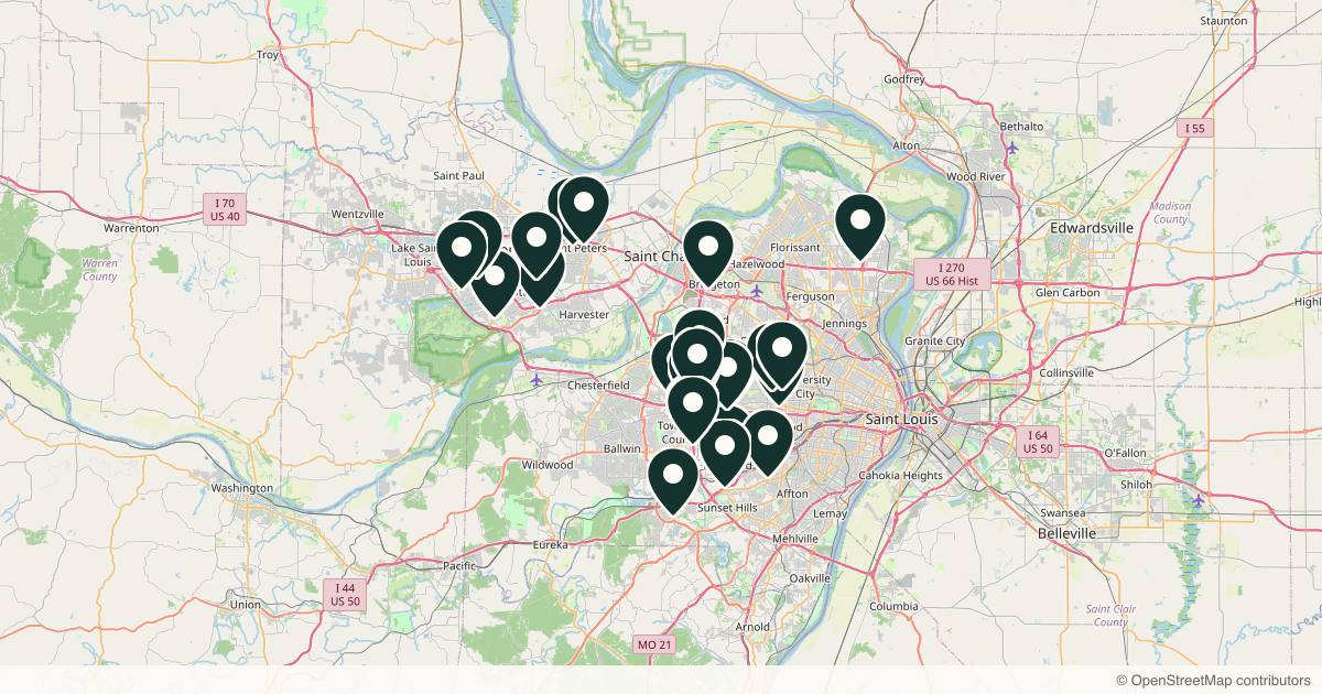 Map of 28 dermatology practices in St. Louis, Missouri