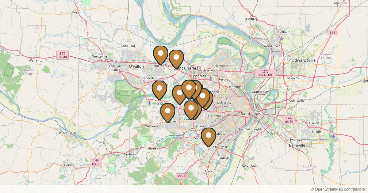 Map of 18 plastic surgery practices in St. Louis, Missouri
