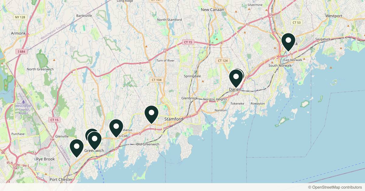 Map of 10 plastic surgery practices in Stamford, Connecticut