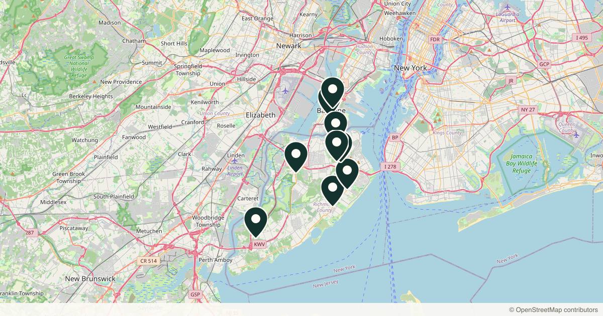 Map of 9 dermatology practices in Staten Island, New York