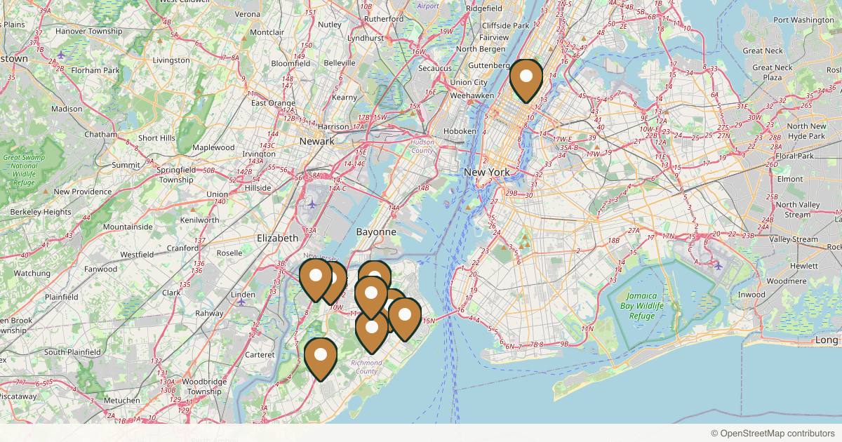 Map of 9 plastic surgery practices in Staten Island, New York