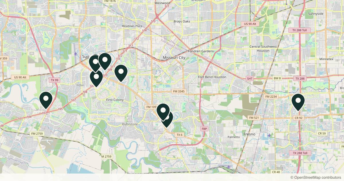 Map of 9 dermatology practices in Sugar Land, Texas