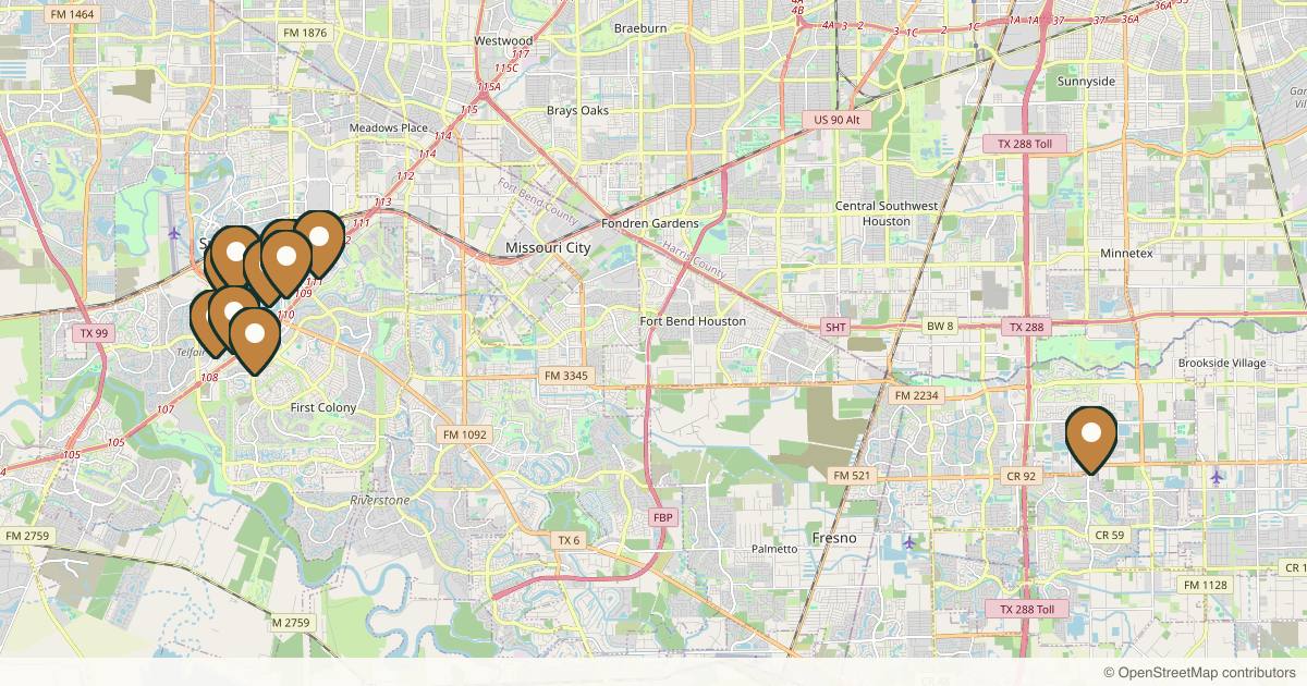 Map of 10 plastic surgery practices in Sugar Land, Texas