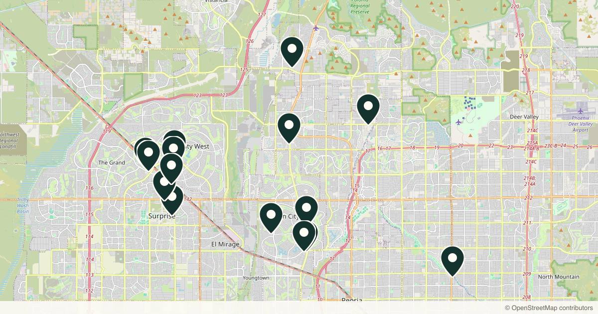 Map of 15 dermatology practices in Surprise, Arizona