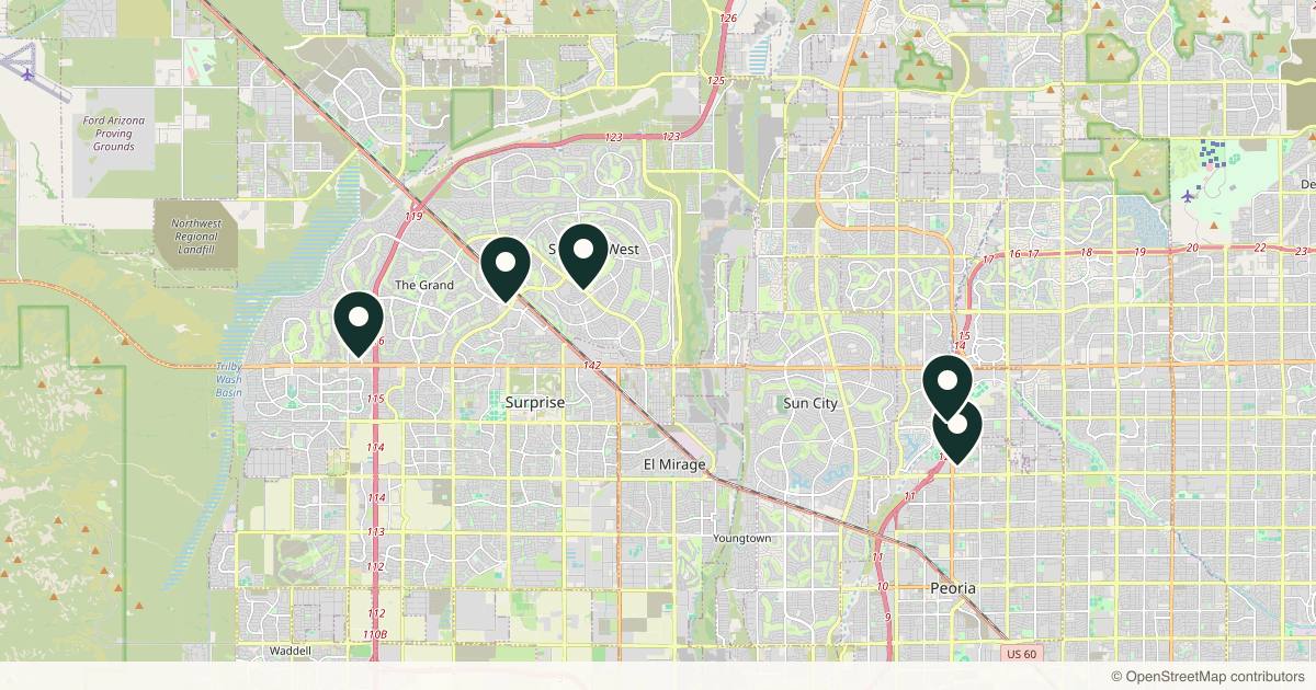 Map of 5 plastic surgery practices in Surprise, Arizona