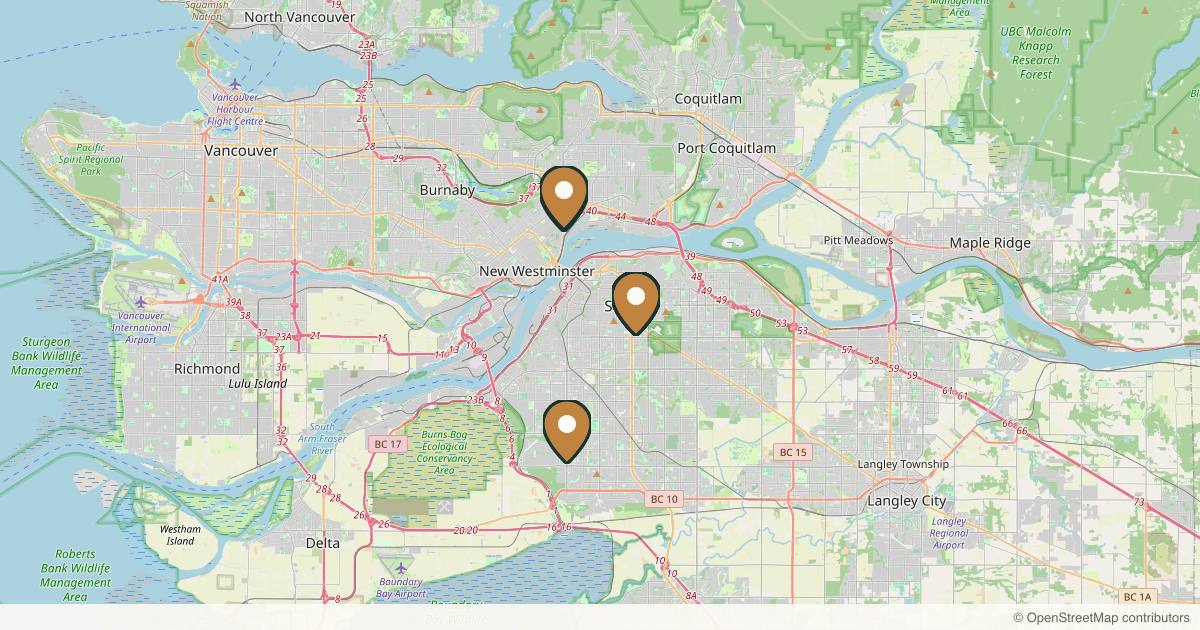 Map of 9 plastic surgery practices in Surrey, British Columbia