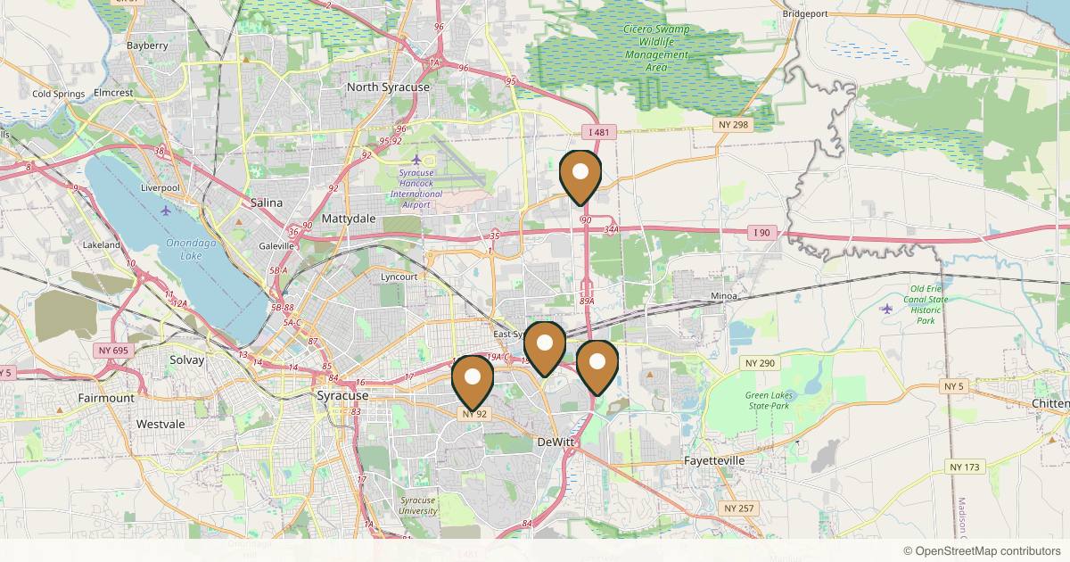 Map of 4 plastic surgery practices in Syracuse, New York