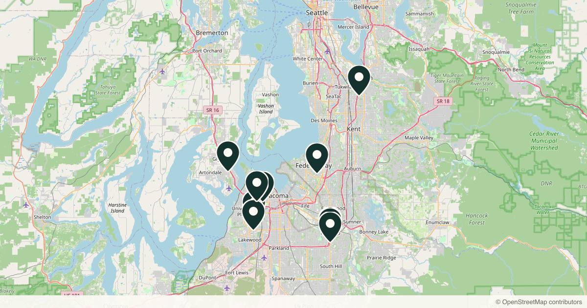 Map of 11 dermatology practices in Tacoma, Washington