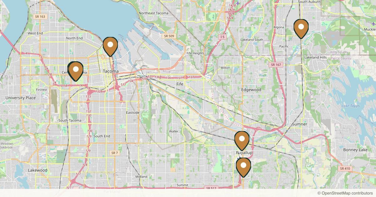 Map of 10 plastic surgery practices in Tacoma, Washington