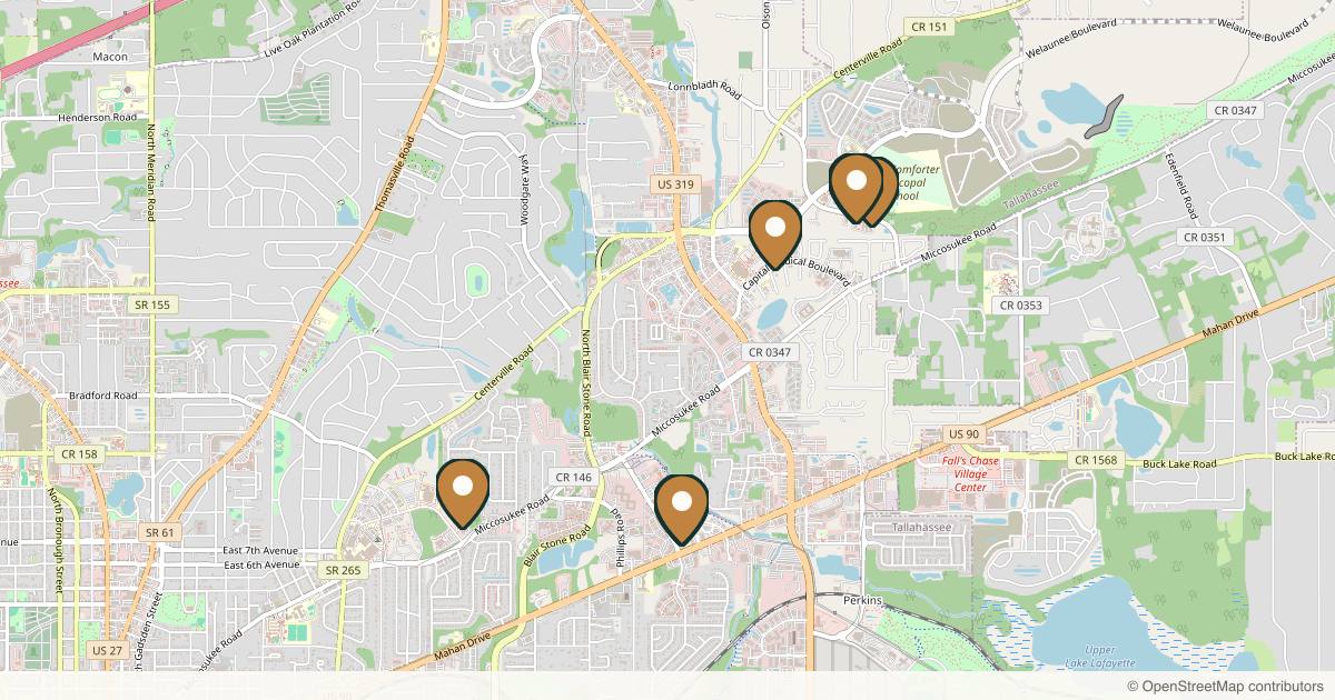 Map of 10 plastic surgery practices in Tallahassee, Florida