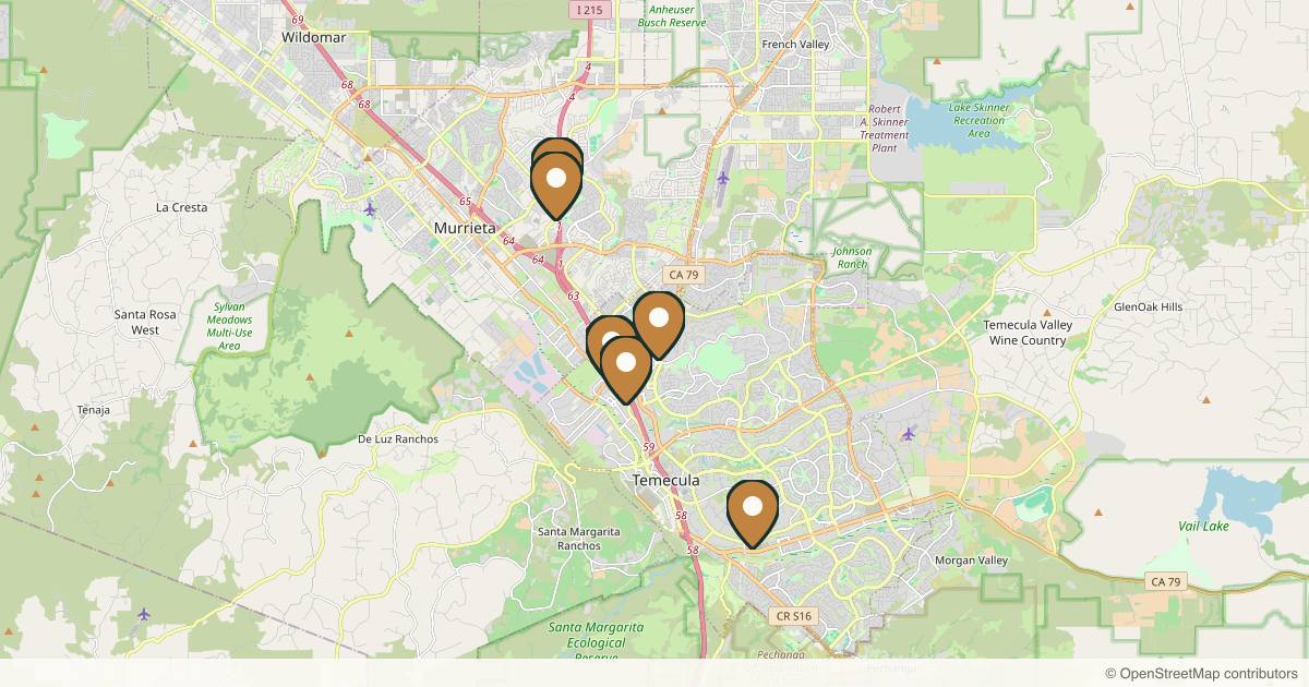Map of 7 plastic surgery practices in Temecula, California