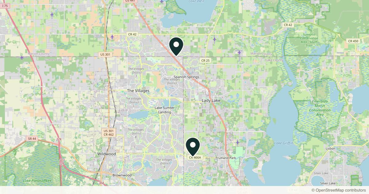 Map of 3 plastic surgery practices in The Villages, Florida