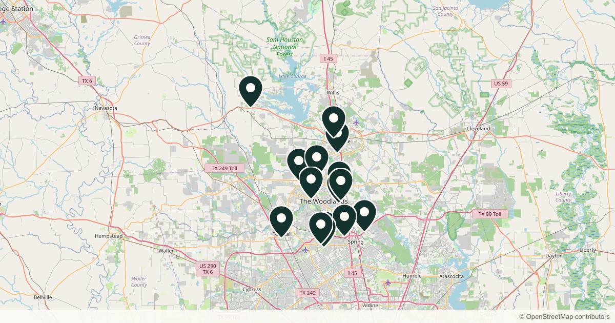 Map of 16 dermatology practices in The Woodlands, Texas