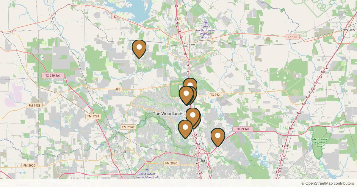 Map of 10 plastic surgery practices in The Woodlands, Texas