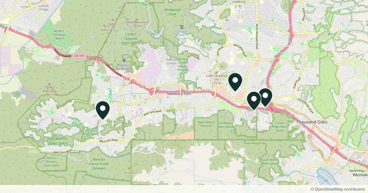 Map of 4 plastic surgery practices in Thousand Oaks, California